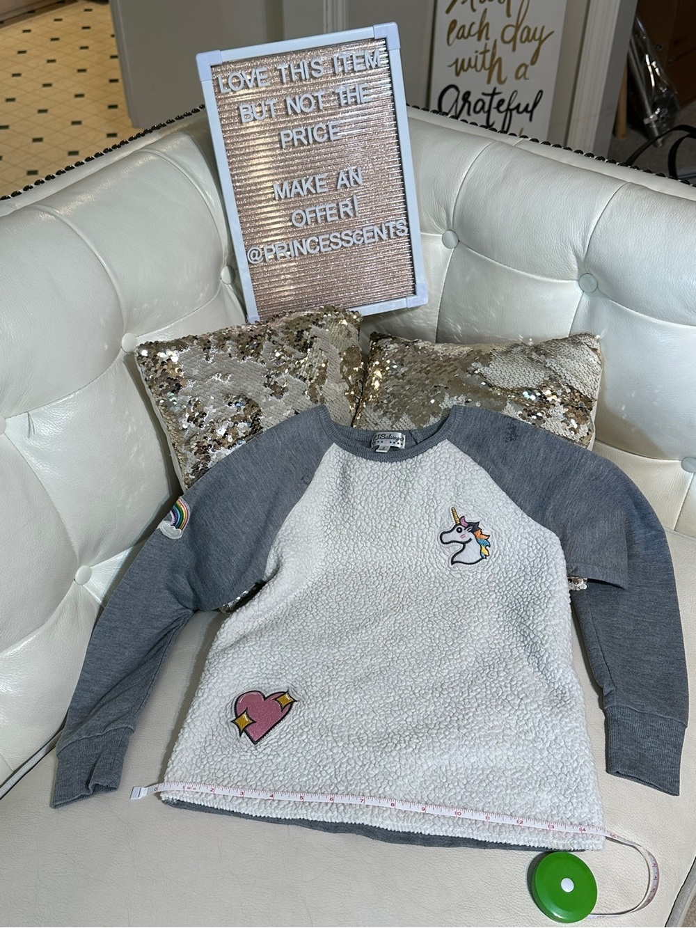 P.J. Salvage Cream Sherpa Unicorn Sweatshirt with Gray Raglan Sleeves